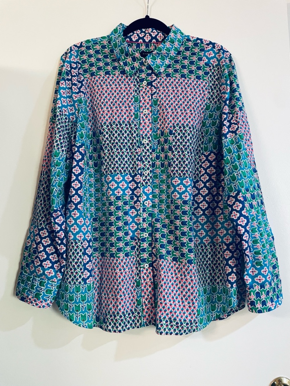 Colorful Patchwork Button Up Long Sleeve Blouse